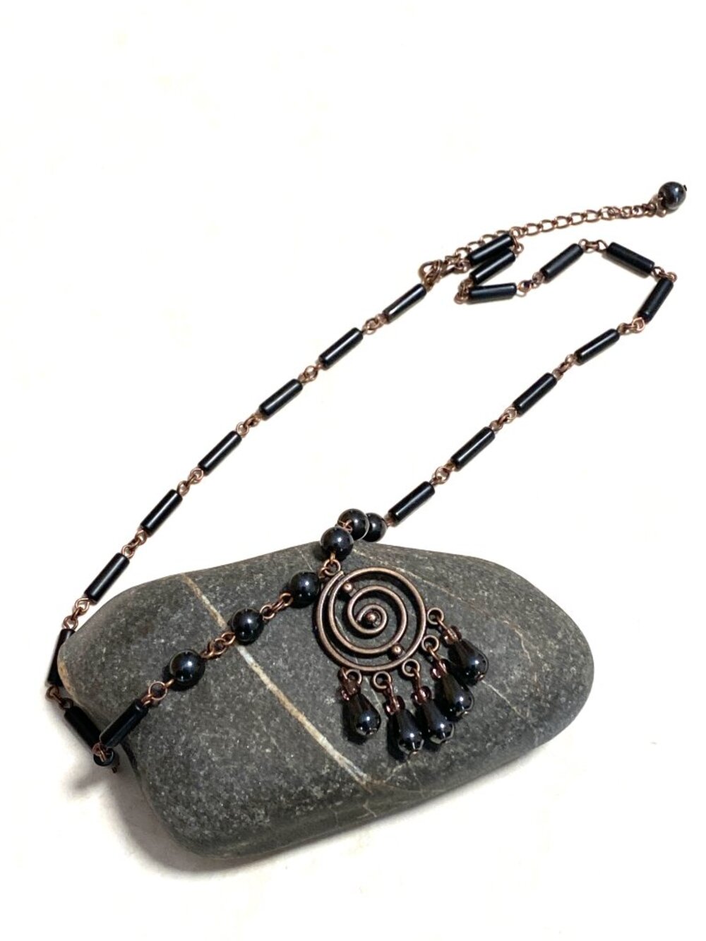 Genuine Black Hematite Copper Necklace with Tribal Spiral Tassel Pendant